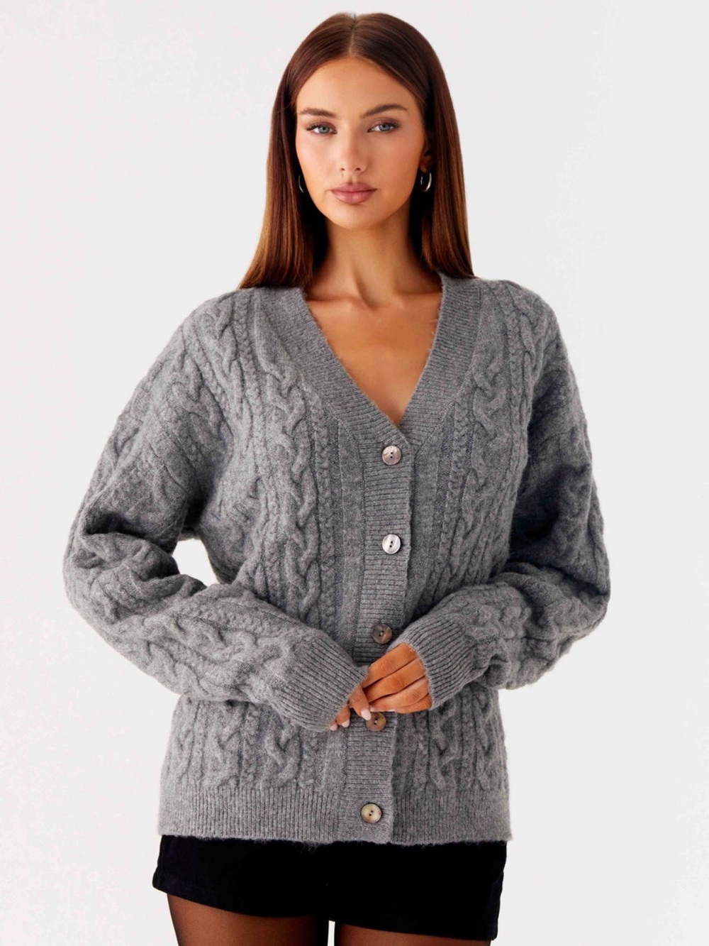 NWT Peppermayo Gray Cable Knit V-Neck Button Cardigan Size S-M